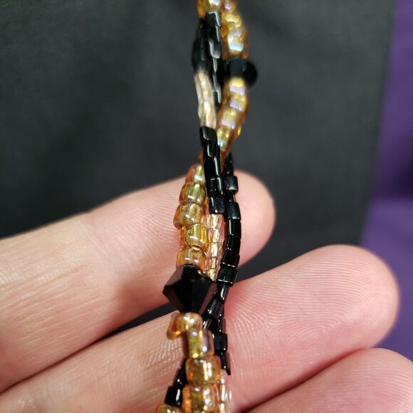 Gold Foiled Glass Black & Gold AB Glass Bead Necklace W/ 14KGF Matching Earrings - Picture 10 of 12
